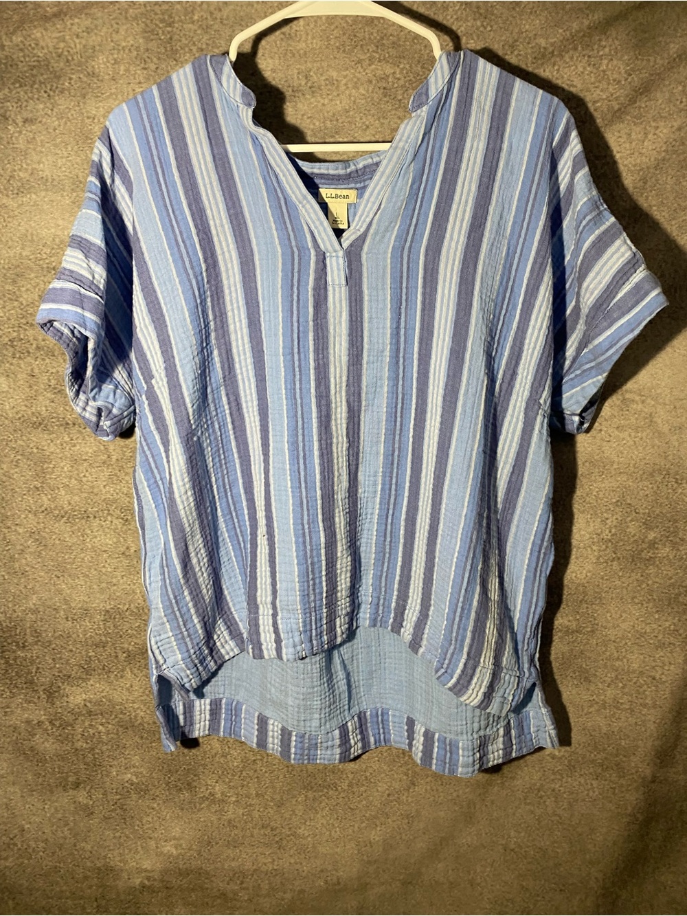 L.L. Bean Double Gauze Cotton Top Large Blue Stripe V-Neck High Low Tunic